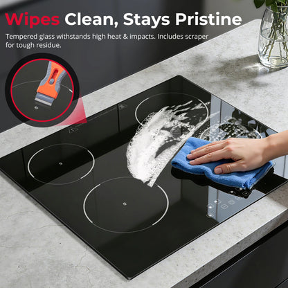 6000W Built-in Ceramic Hob, 4 Zone Induction Cooktop with Touch Control, 9 Power Levels, Timer & Child Lock, 60cm Black Glass