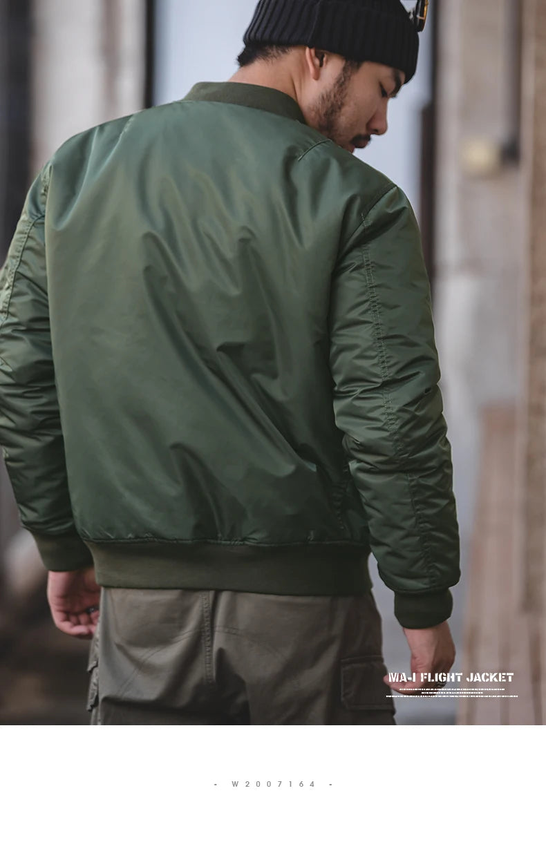 Maden Vintage MA1 Pilot Jacket Green Thickened Cotton-padded Jacket Casual Baseball Pockets Flight Zipper Outwear for Men's Fall