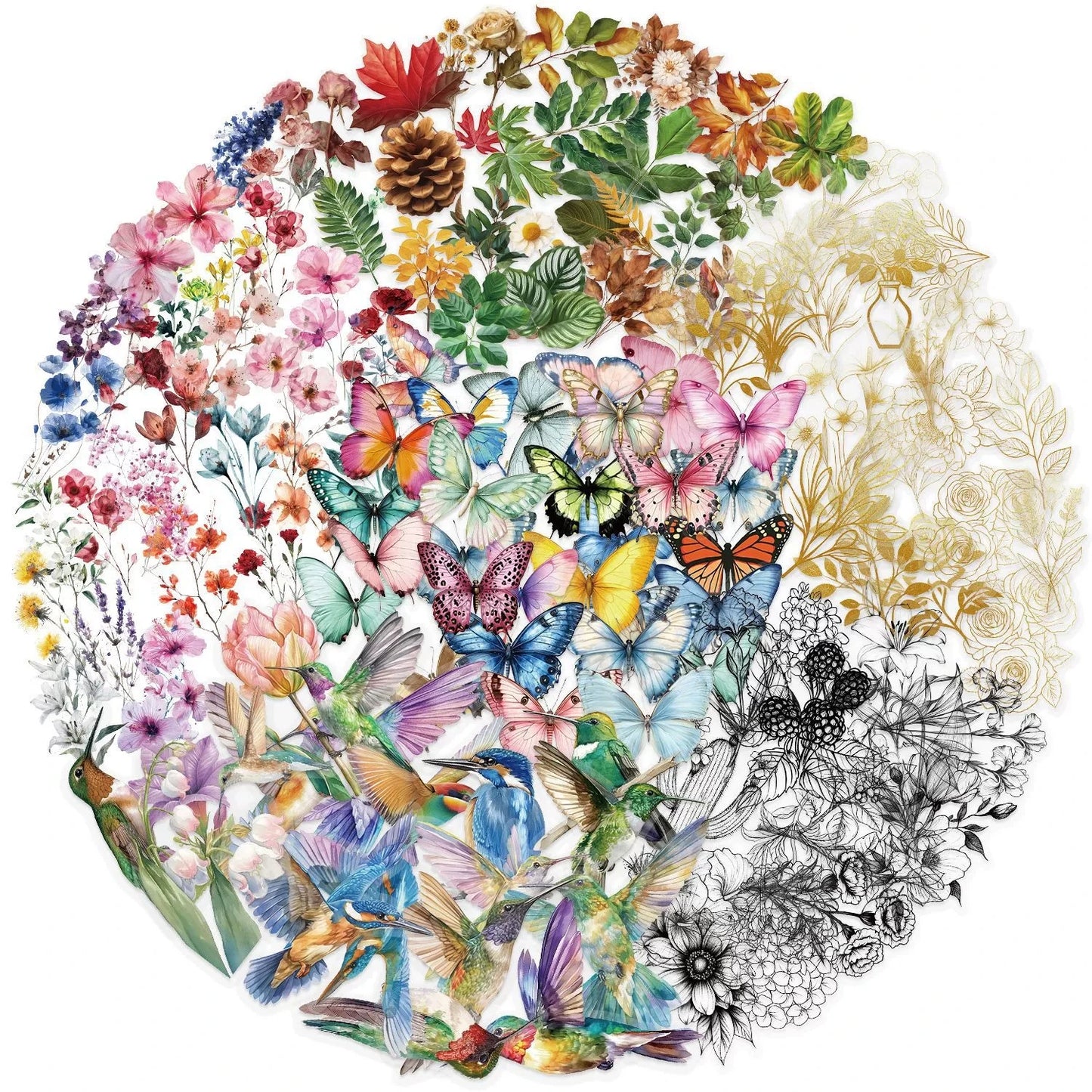 50/300PCS Ink Flower Sticker Pack Waterproof Transparent PET Brochure Flower Material Decorative Guitar Notebook Stickers
