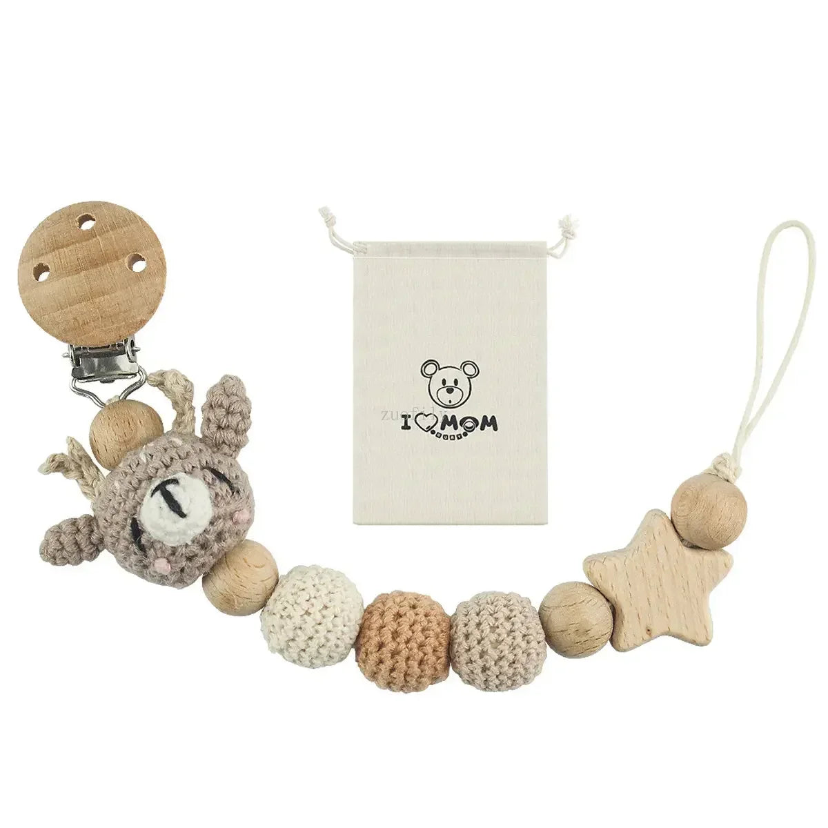 Cartoon Bunny Pacifier Chain Clip Wood Crochet Bear Teething Chain Baby Teether Soother Holder Newborn Chew Toys Pacifier Clips