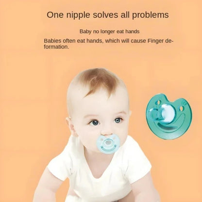 Newborn baby lulls to sleep with a breast milk like pacifier, with a soft silicone pacifier and round head to prevent eating