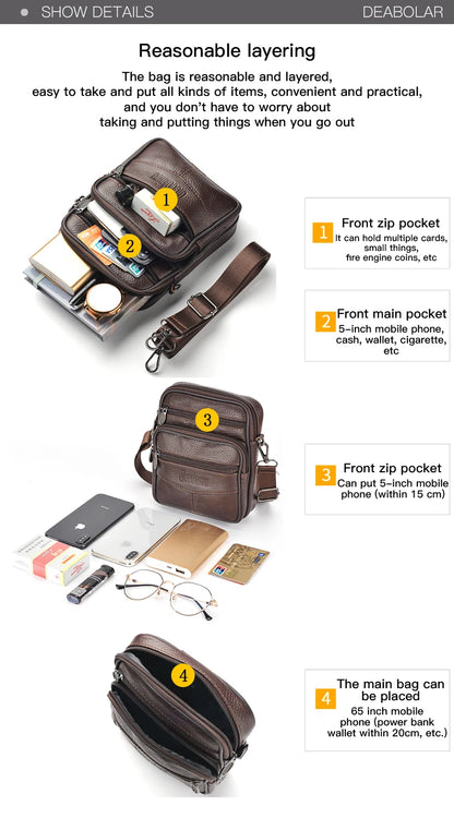 Men's Genuine Leather Crossbody Bag High Quality Zipper Pocket Retro Business Messenger Bag for Men