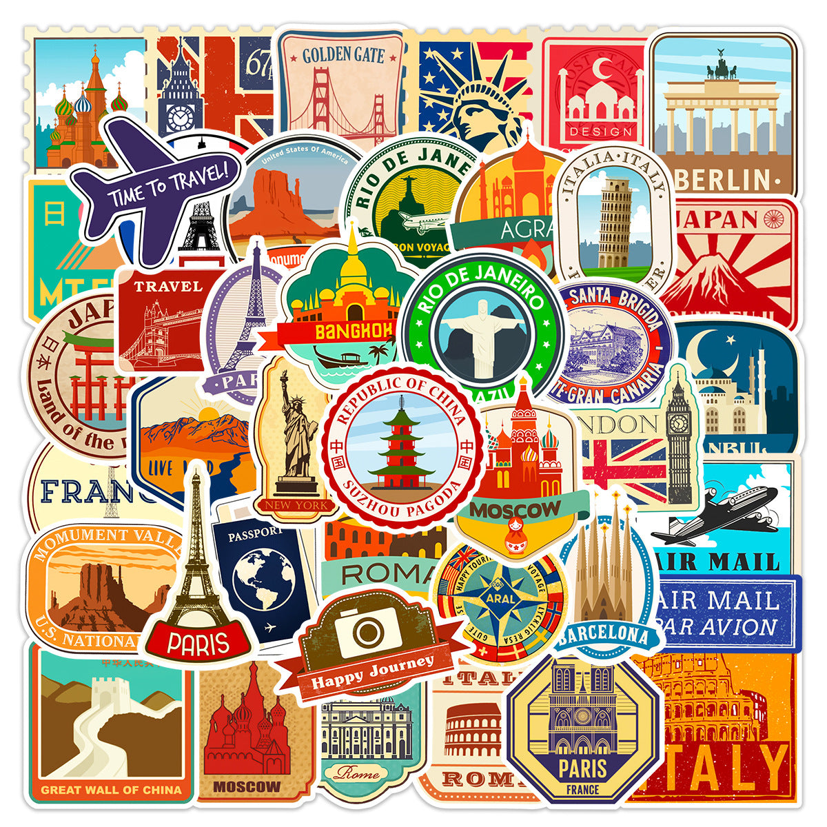 10/25/50pcs Retro World Travel Landmark Stickers Graffiti Vintage Post Stamp Style for Scrapbook Luggage Laptop Phone Car