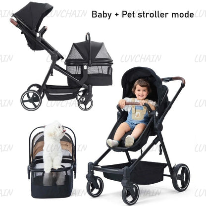 Portable pet stroller, dual-mode stroller that can carry both pets and babies at the same time, multifunctional and foldable,  pet carrier