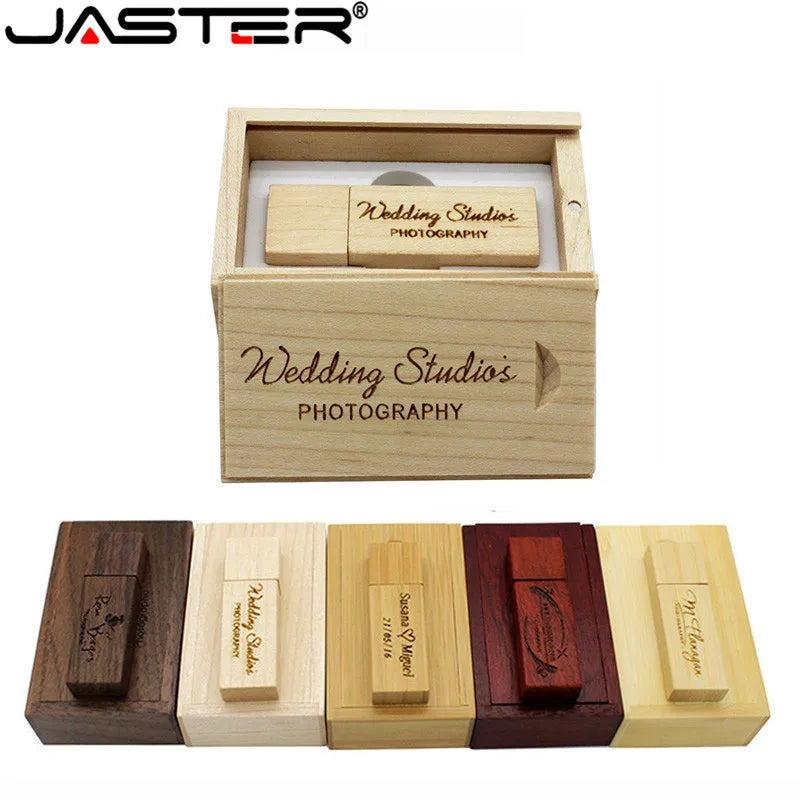 JASTER Free Custom Logo Photography Wedding Gift USB Flash Drive 128GB Wooden 64GB Box Pen Drive Maple Memory Stick 32GB 4G 16GB