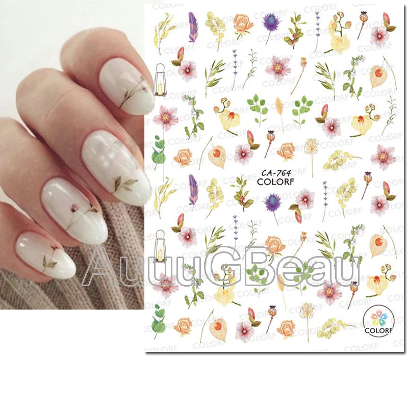 3d Nails Art Decals Spring Fruits Pink Full Tips Peony Magnolia Flowers Adhesive Sliders Stickers Decoration For Nails Manicure