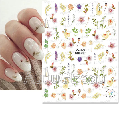 3d Nails Art Decals Spring Fruits Pink Full Tips Peony Magnolia Flowers Adhesive Sliders Stickers Decoration For Nails Manicure