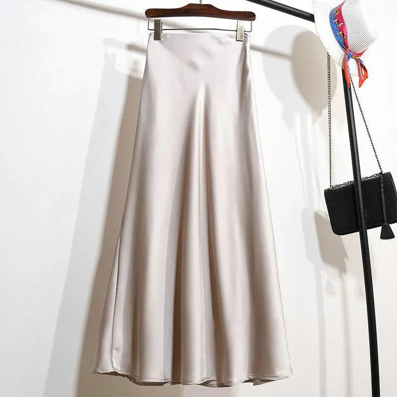 Botvotee Elegant Satin Long Skirt for Women Spring Summer 2025 Office Ladies Korean Style Loose Elastic Band Midi Skirts