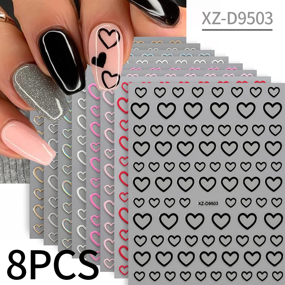 8pcs/set Mini Red Heart Valentines Nail Stickers Irregular Love Stripe Gold/Silver Nail Decals Sliders Laser Shiny Manicure Acce