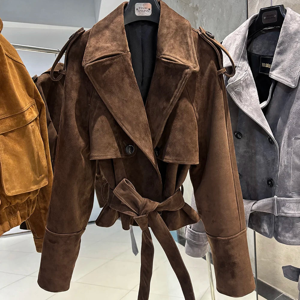 YOLOAgain Vintage Grain Leather Jacket Women Real Leather Sheepskin Jacket With Belt