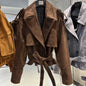 YOLOAgain Vintage Grain Leather Jacket Women Real Leather Sheepskin Jacket With Belt