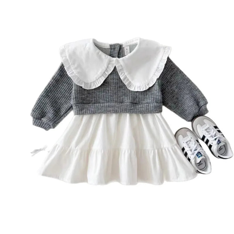 Q2731 Korean Style Girls' Turn-down Collar Dress Pure Autumn Collection Princess Skirt Color Block Design Children's Apparel