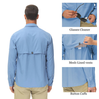 Men's UPF 50+ Long Sleeve Fishing Shirts Sun Protection Breathable Hiking Work Shirt Casual Button Down Shirt with Zipper Pocket