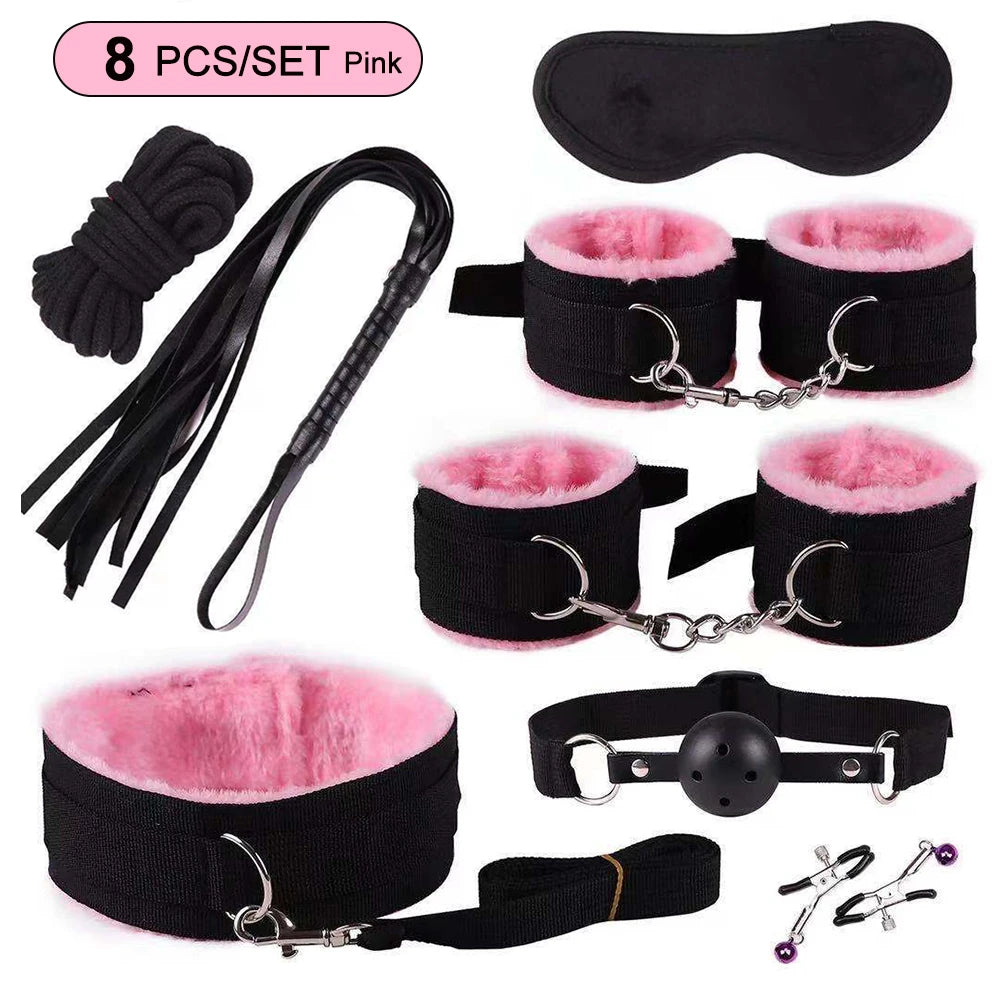 Hot Exotic Bed Bondage Set BDSM Kits Exotic Sex Toys For Women  Adults Games Leather Handcuffs Whip Gag Nipple Clamps Sex Shop