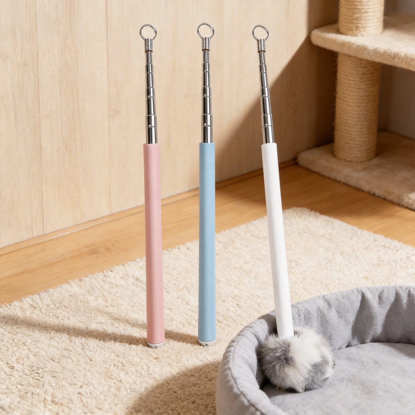 Telescopic Cat Wand Toys with Replaceable Heads - Set of 3 Pastel Color Interactive Teaser Wands for Play
