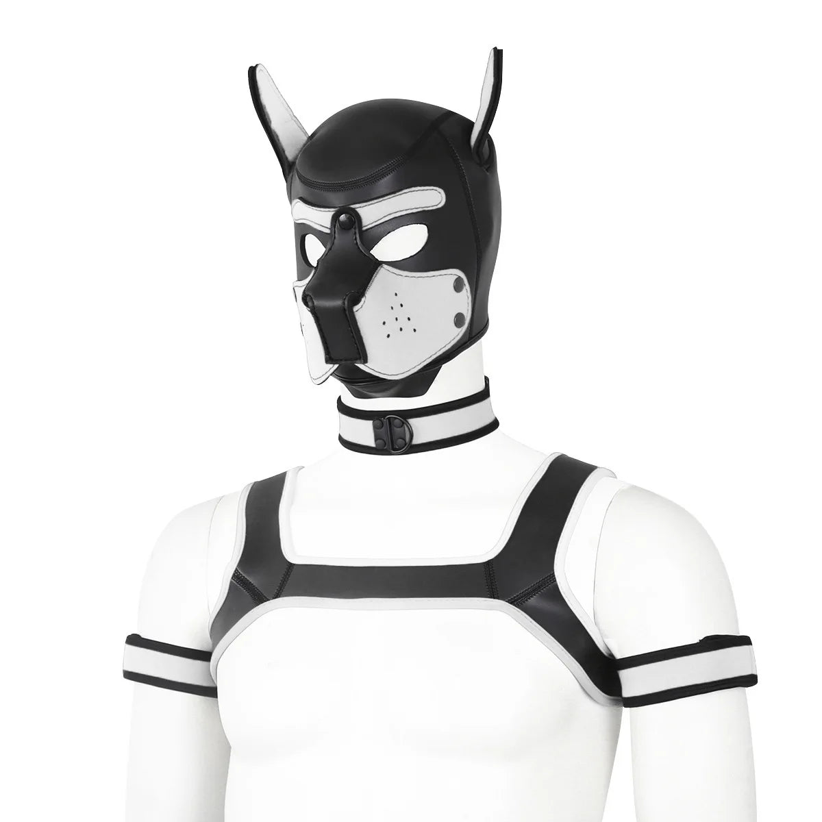 Large Size Puppy Cosplay Neoprene Fetish Hood Mask Kit with Chest Strap Collar Armband Sex Costumes for Bdsm Slave Role Play