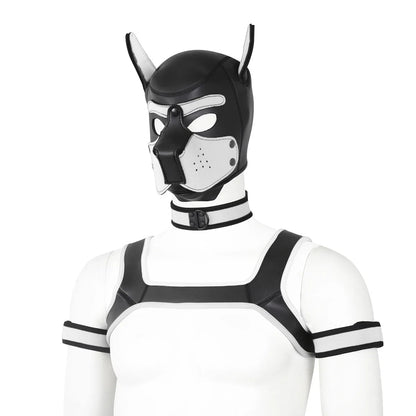 Large Size Puppy Cosplay Neoprene Fetish Hood Mask Kit with Chest Strap Collar Armband Sex Costumes for Bdsm Slave Role Play
