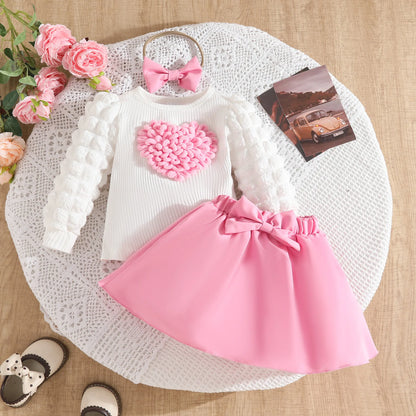 0-3Y Baby Girl Outfit Set 2pcs Puffy Sleeve Heart Shape Top and Corduroy Skirts Valentines Day Sweet Toddler Kids Clothes Girls