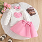 0-3Y Baby Girl Outfit Set 2pcs Puffy Sleeve Heart Shape Top and Corduroy Skirts Valentines Day Sweet Toddler Kids Clothes Girls