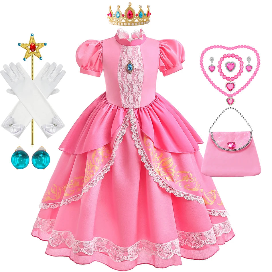 Peach Princess Costume with LED Color Light Toddler Birthday Game Role Play Dress Girl Halloween Festival Gown Pink Lace 4-8 Y