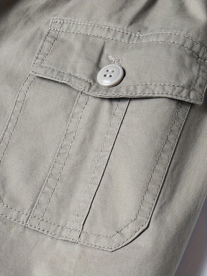 Cotton Cargo Shorts Men's Lightweight Breathable Solid Color Drawstring Waist with Zipper Pockets Casual Summer Short Pants