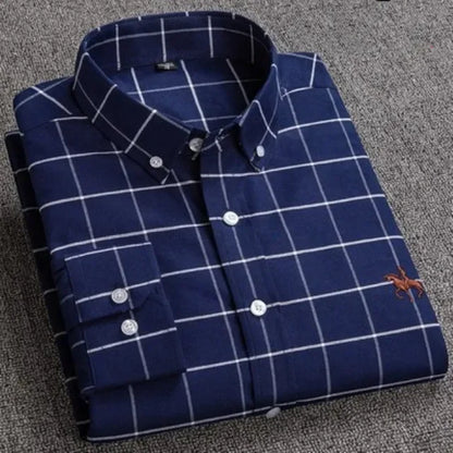 Casual Pure Cotton Oxford Mens Shirts Long Sleeve Embroidery Horse Design Regular Fit Fashion Button Man White Dress Shirt