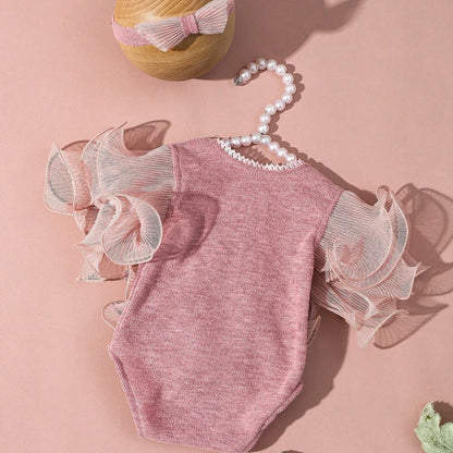 Ylsteed 2 Pieces Set Beige Newborn Photography Costume Lace Romper Bow Headband Set Baby Girl Photo Shooting Outfits