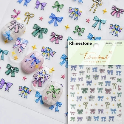 5D Cute Rabbit Love Heart Peach Blossom Flower Yellow Nail Art Stickers Bowknot DIY Self Adhesive Rhinestone Manicure Decals