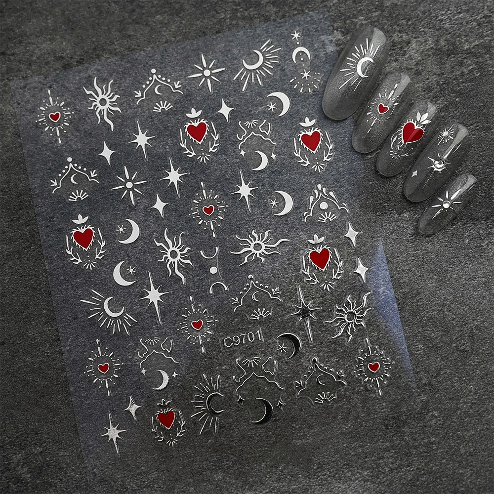 1pcs 3D Bronzing Gold Love Heart Nail Art Stickers Y2K Holographic Stars Sun Starlight DIY Nail Decals Heart Manicure Decoration