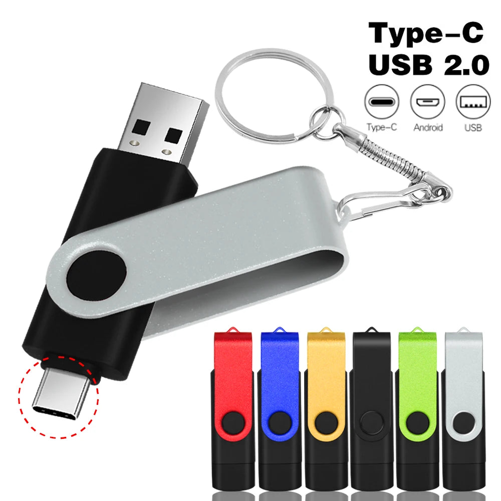 Rotable Usb Flash Drive 128GB 32GB 16GB Pen Drive 256GB Pendrive 64GB 4G OTG 2 IN 1 Memoria Usb Stick Type C Usb 2.0