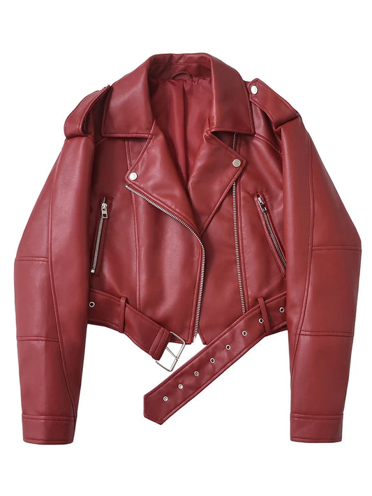 Ailegogo New Streetwear Women Loose Short Pu Faux Leather Jacket Moto Biker Female Belt Zipper Coat Outwear