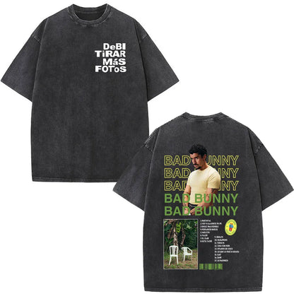 Rapper Bad Bunny Album Cover Print T-shirt Debi Tirar Mas Fotos DTMF Washed Vintage T Shirt Men Women Hip Hop Oversized T-shirts