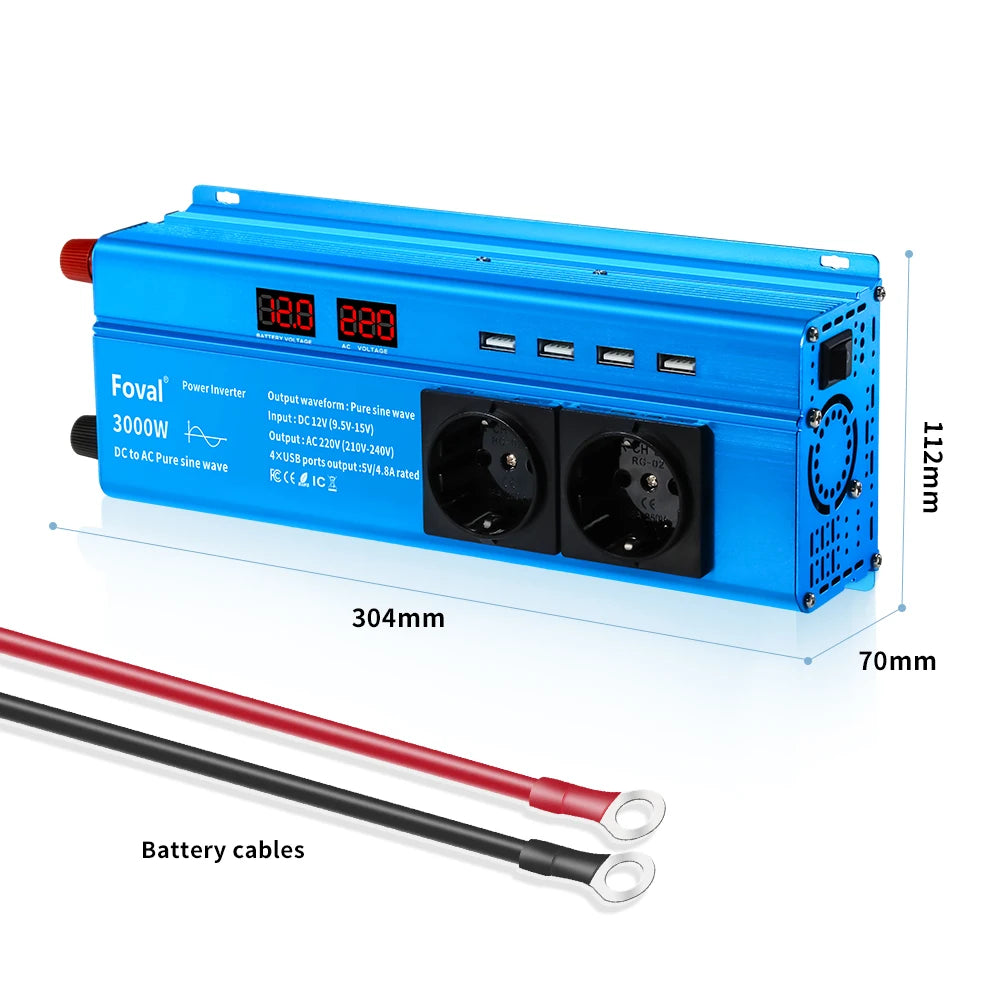 Pure Sine Wave Inverter DC 12V to AC 220V 230V 1500W/2200W/2600W/3000W Voltage Transfer Converter EU Socket Auto Accessories