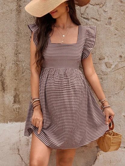 Dress for Pregnant Women 2025 Checkered Square Neck Women's Casual A-line Maternity Dress Short-sleeved Pregnancy Clothes