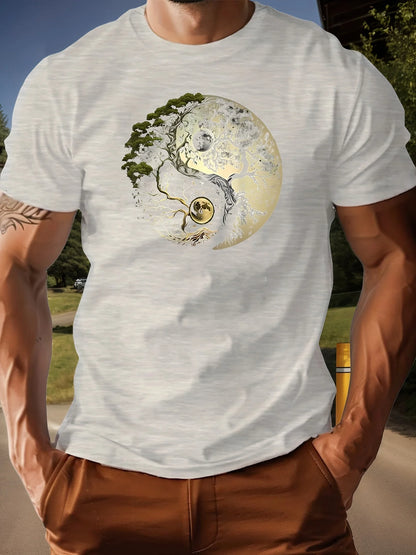 Men's Summer 100% Pure Cotton Casual Loose Sports T-Shirt Yin-Yang Tree Pattern Print round Neck Short-Sleeved Top
