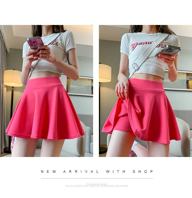 Summer Basic Skirts Women Shorts Mini Elastic Pleated Skirts High Waist Bubble Sun Skirts School Girl Uniform Lined Safety Pants