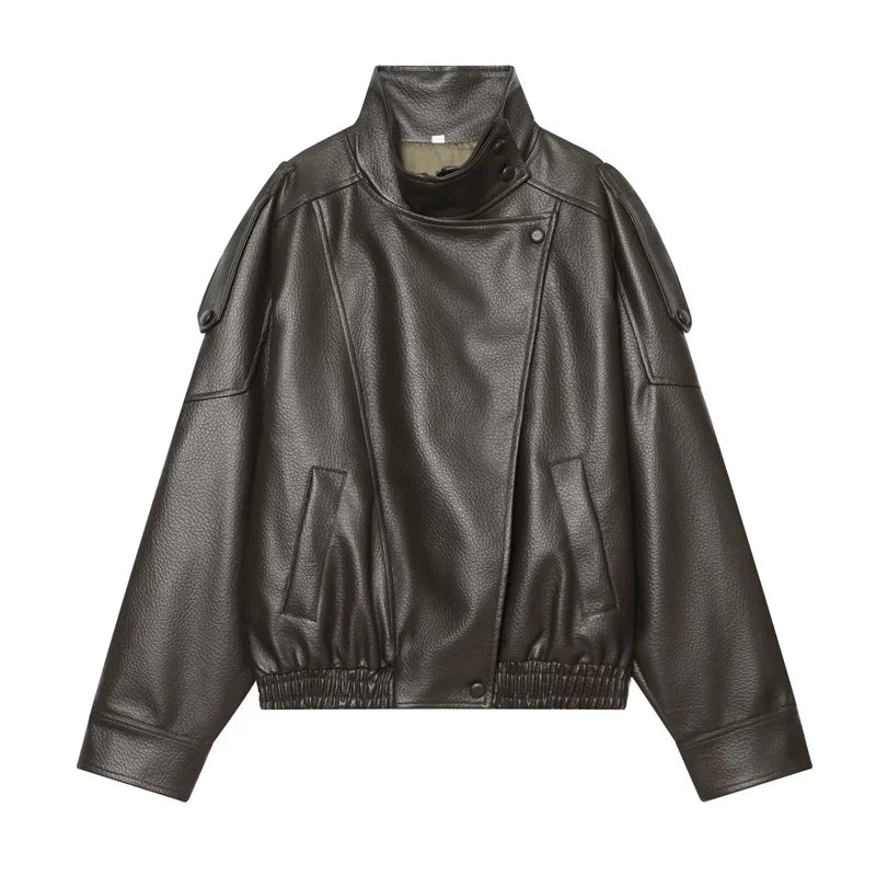 Women's Faux Leather Jacket 2025 New Fashion Autumn Black Long Sleeve Pebble Jacket Motorcycle Style Personality Ladies Jacket