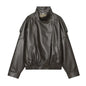 Women's Faux Leather Jacket 2025 New Fashion Autumn Black Long Sleeve Pebble Jacket Motorcycle Style Personality Ladies Jacket