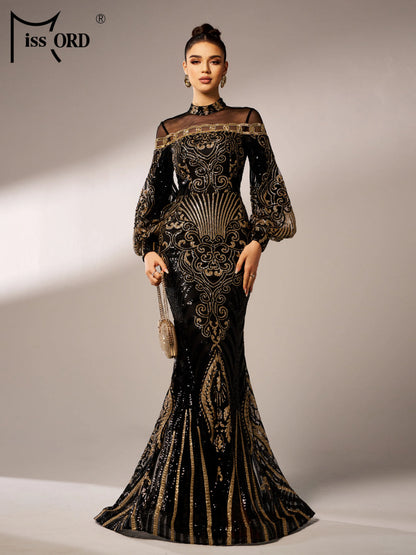Missord New Black Round Neck Sequin Geometric Cocktail Evening Gown Formal Occasion Wedding Birthday Party National Style Dress