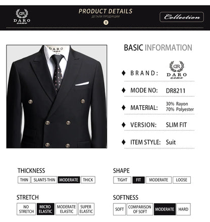 DAROuomo 2026 Men's Slim Fit Formal Business Suit 2Pcs Set - DR8211 (Jacket + Pants) for Work Wear