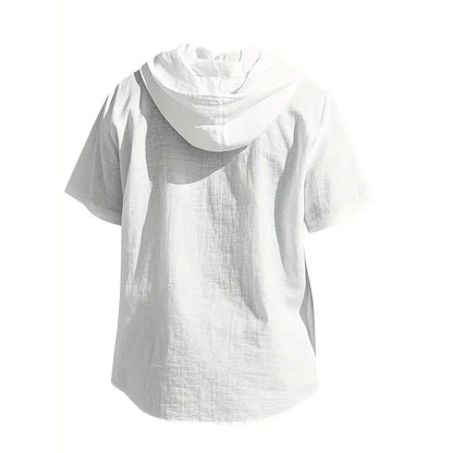 Summer Men's Hooded Cotton Linen Shirt Solid Color Breathable Lightweight Short Sleeve Drawstring Design Tees Male Casual Tops