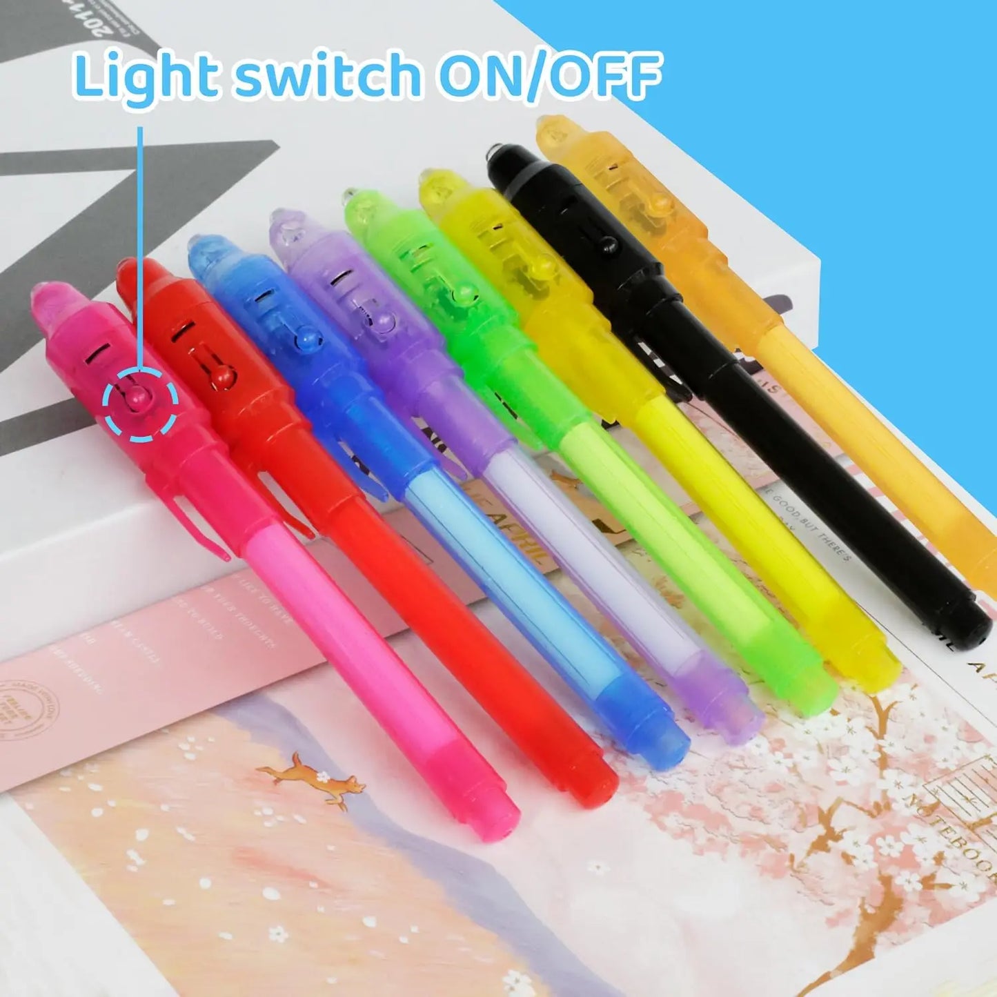 Invisible Ink Pens with UV Light,8 Colors Glow ,Secret Message Writing Detective Party Favors, Birthday Christmas