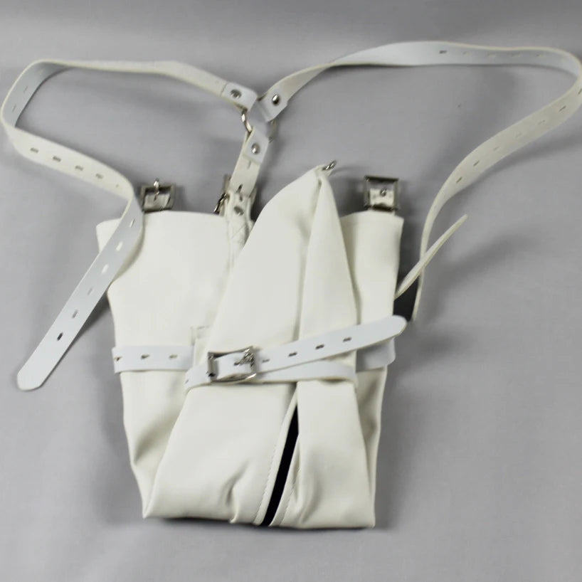 Leather Tight Single Glove Straight Arm Binder Over Shoulder Straps BDSM Bondage Arm Cuffs Zipper Body Harness Adult Roleplay