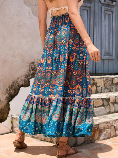 Women's Casual Temperament Skirt Women's Fashionable Bohemian Printed Elastic Waist Temperament Skirt Big Sway Temperament Skirt