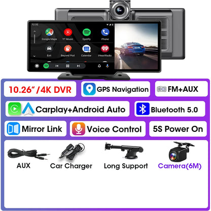 10.26 inch Car Play Screen,Wireless CarPlay & Android Auto Dash Cam Rear Camera Multimedia Stereo,AUX FM Radio,Car Touchscreen