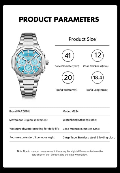 PAAZOMU Fashion Brand Man Wristwatch Waterproof Stainless Steel Luminous Men Watch Chronograph Date Luxury Quartz Men's Watches