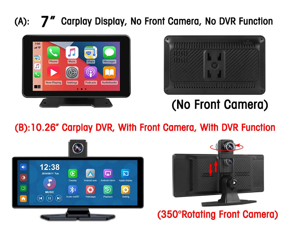 7"/10.26" 4K Dash Cam Wireless Carplay Android Auto 350° Rotating Lens Car DVR GPS Navigation Dashboard Video Recorder Bluetooth
