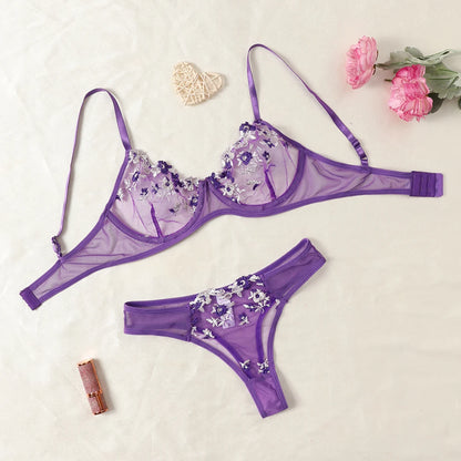 Women Sexy Lace Lingerie Push Up Lingerie Semi-Sheer Bra And Panty Sets Female Erotic Underwear Flower Embroidery Bralette Set