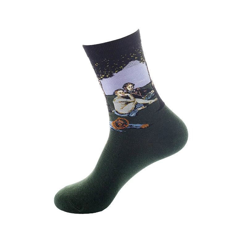 1 Pair Van Gogh Starry Night Cotton Socks Women Men Mona Lisa Oil Painting Retro-classical Series Skateboard Casual Couple Socks