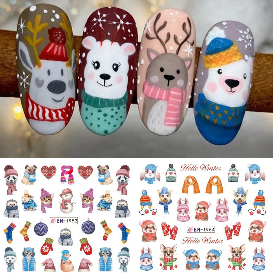 12pcs Cute Penguin Winter Nail Stickers Birds Bear Cat Cartoon Animal Snowflake Sliders Water Decals Decoration Xmas Tips Foils